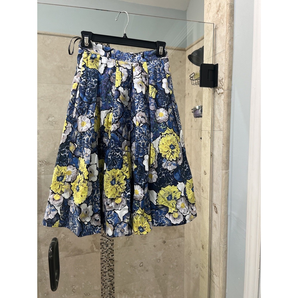 KAREN MILLEN Blue Yellow White Floral A-Line Pocket Midi  Cotton Skirt 4
